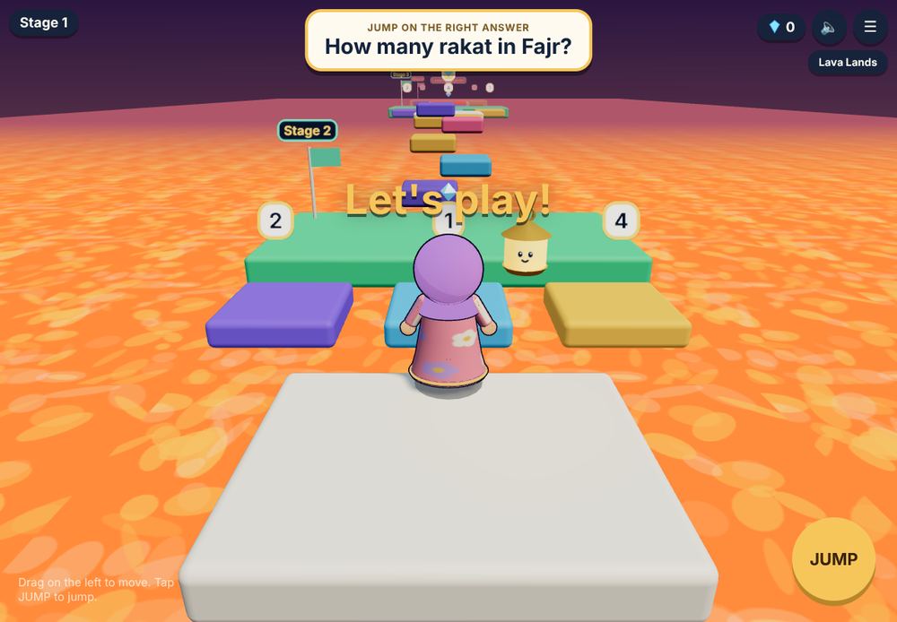 Lava Leap: a child's Ilmling about to jump onto the platform with the right answer to How many rakat in Fajr?