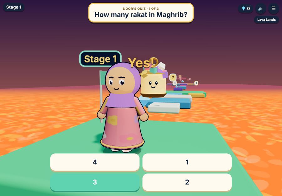 Noor asks a quiz question inside the game world with four big answer buttons